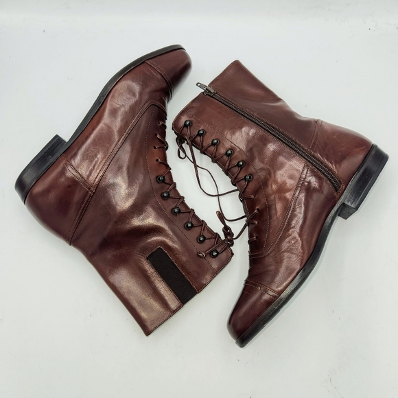 Lorenzo Banfi Leather Lace-up Zip Combat Boots In Cognac Brown Size 38 - Picture 7 of 16